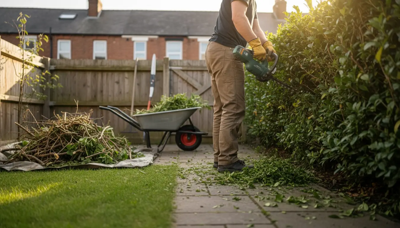 Person set bagfra klipper hæk og rydder krat i en lille rækkehushave med værktøj og en trailer af klip.