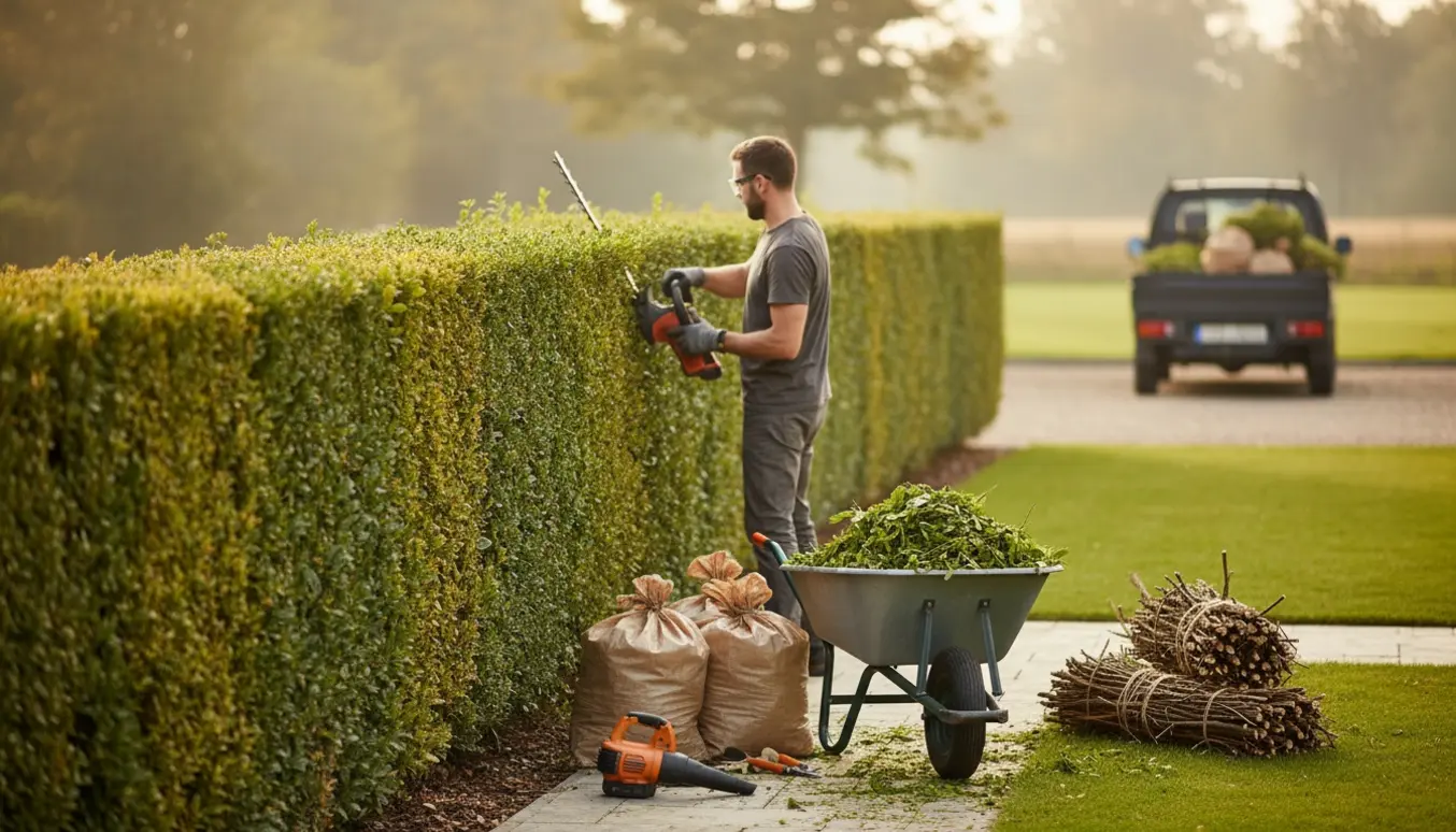 Person set bagfra klipper en høj hæk i en forstadshave med trillebør fyldt med hækafklip og bundtet haveaffald klar til bortskaffelse.