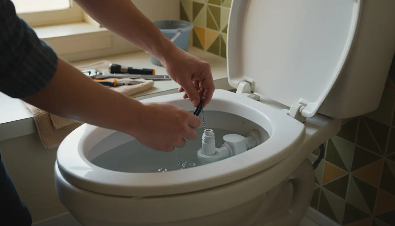 Hænder justerer flapper og vandstand i en åben toiletcisterne under reparation i et lejligheds-badeværelse.