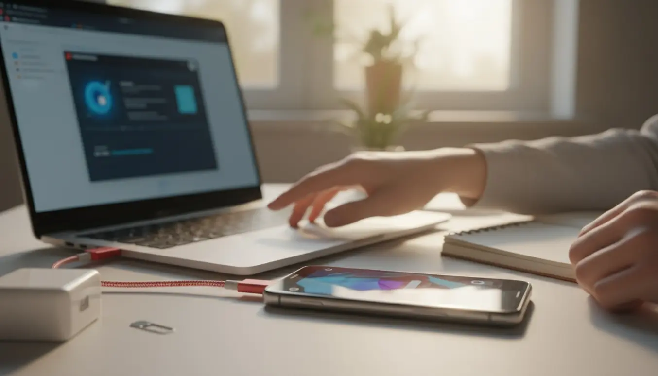 En hånd holder en låst OnePlus-telefon tilsluttet en bærbar computer på et skrivebord.