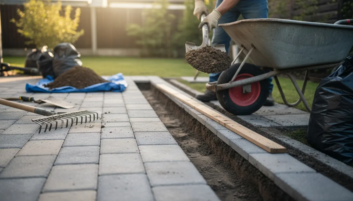 Havearbejder fjerner jord og retter niveauet, så det flugter med fliserne på terrassen.