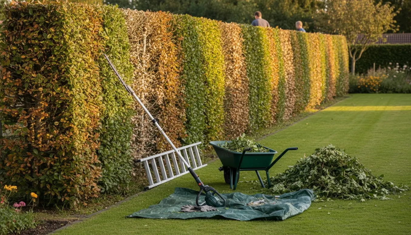 Lang, højt bøgehæk klippet på begge sider og i toppen med redskaber og afklip samlet ved græsset.