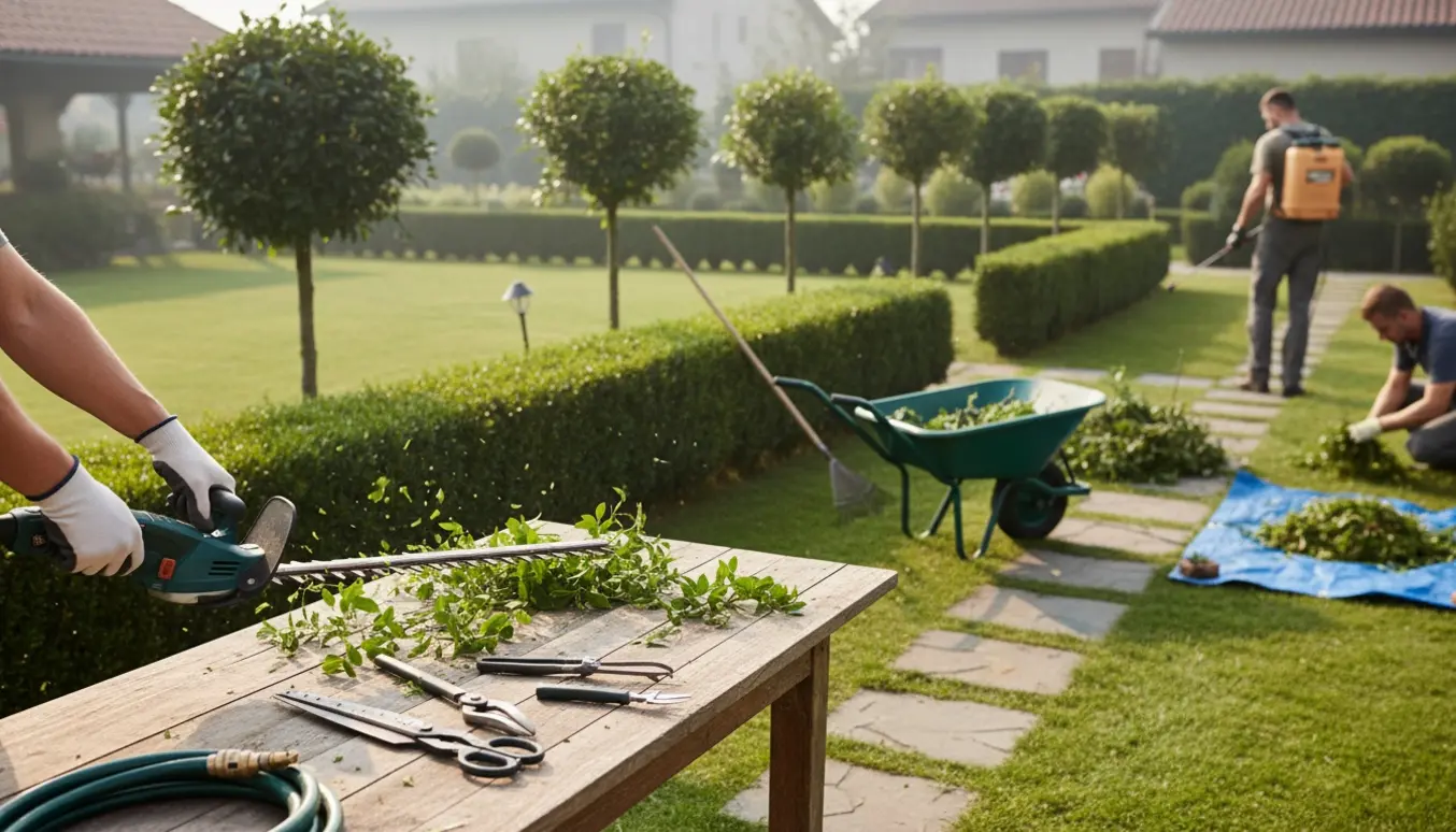 Person trimmer hæk og fjerner ukrudt i en velplejet have med værktøj og bunker af afklip.