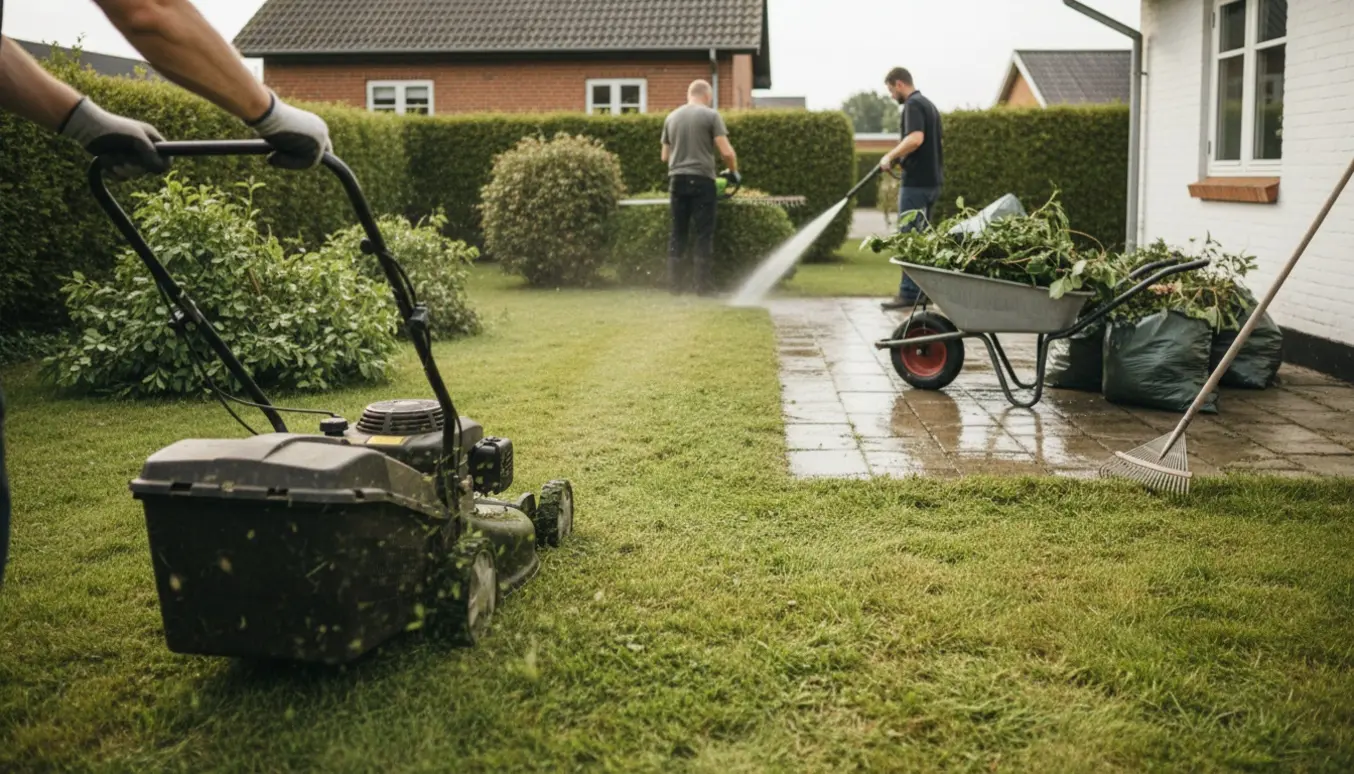 Parcelhushave i Greve under oprydning med plæneklipper, hækkeklipper, rensede fliser og stak haveaffald.