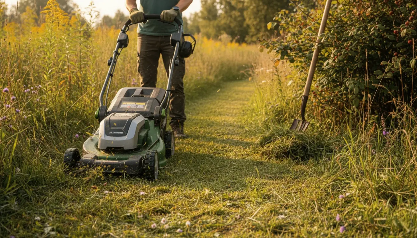 En græsslåmaskine laver en nypudset sti gennem højt græs mellem buske på en naturgrund.