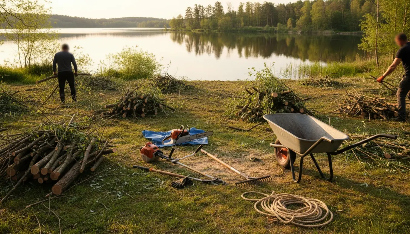 Ryddet søbred med stabler af afskårne grene og haveredskaber foran en synlig sø.