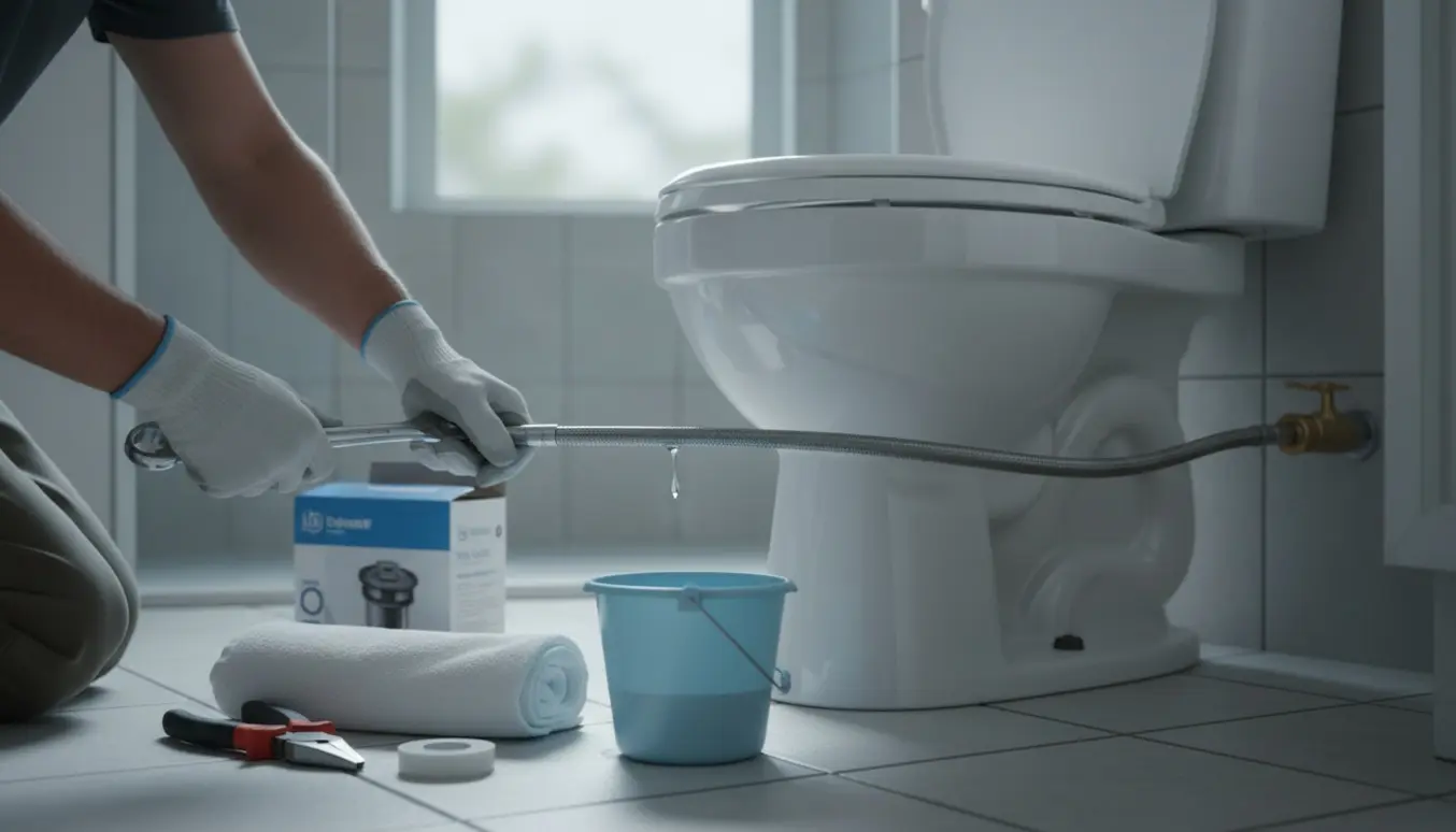 Åbent toiletcisterne med håndværktøj og dryppende vandtilslutning over en spand på badeværelsesgulvet.