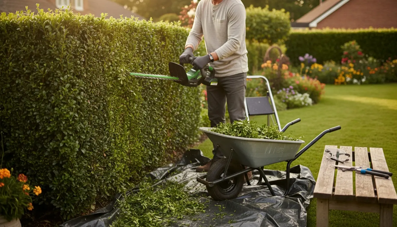 Handsker og en hækkeklipper beskærer en tæt hæk i en solrig have.