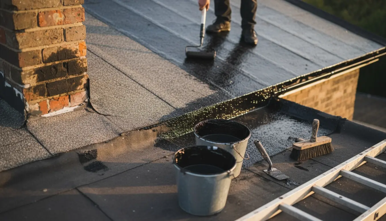 Tagpaptag hvor bitumen males med rulle, med synligt beskadiget murhjørne og før-efter kontrast.