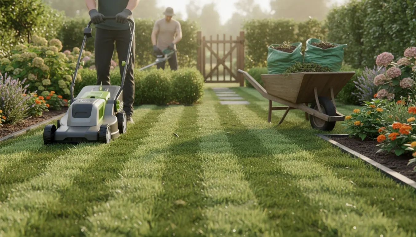 Lille have med nyslået græs, nyskåret hæk og en trillebør fyldt med haveaffald.