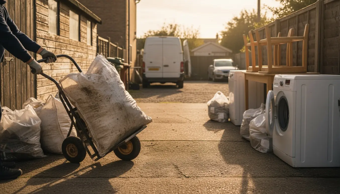 Arbejder møbler, hvidevarer og fyldte sække uden for et skur ved enden af en blind vej, klar til afhentning.