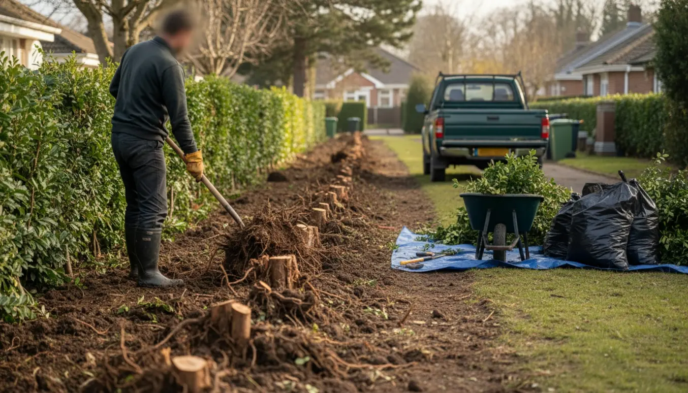 Opgravning og bortskaffelse af en 12-årig, 8 m lang ligustahæk med synlige rodklumper, bunker af grene og en trillebør i en forstadshave.