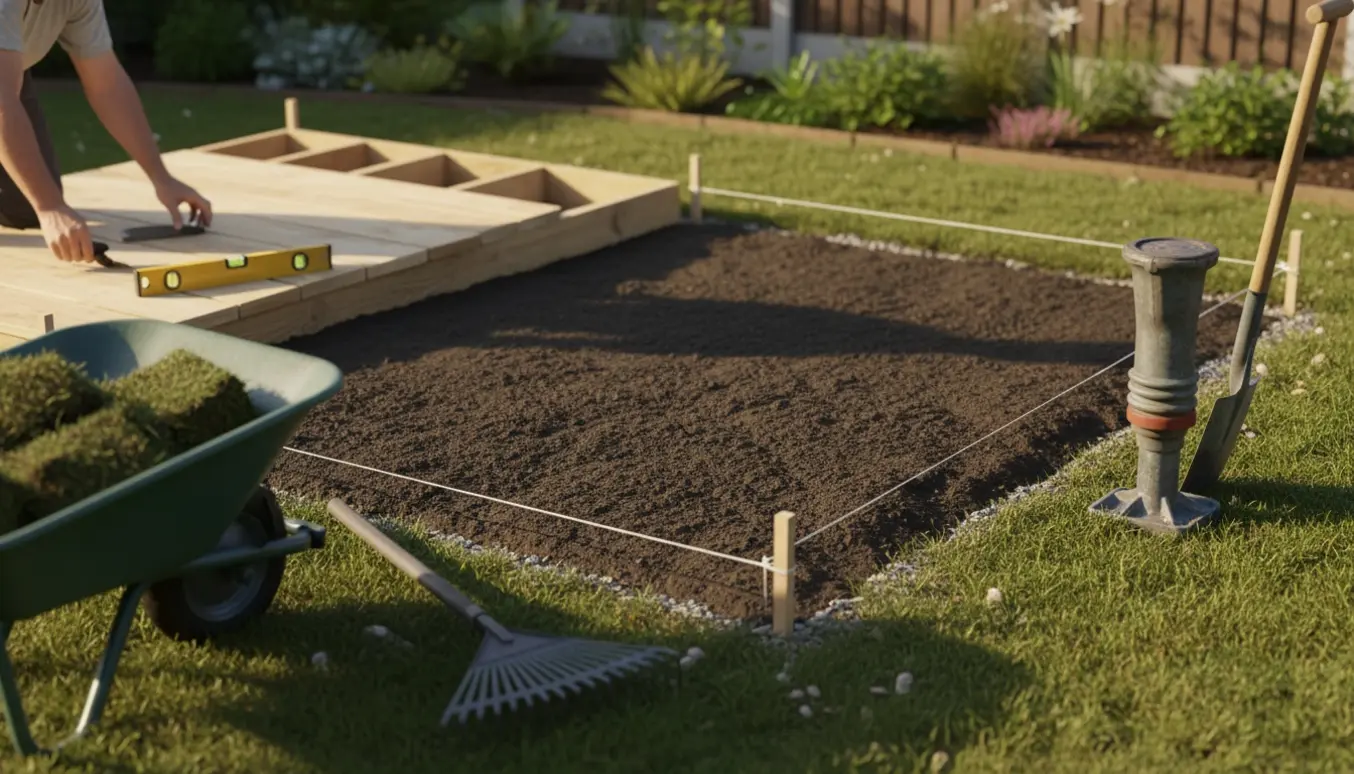 Et haveareal på ca. 9 m² bliver planeret og afrettet til en stabil teltplatform med snore, planker og haveværktøj.