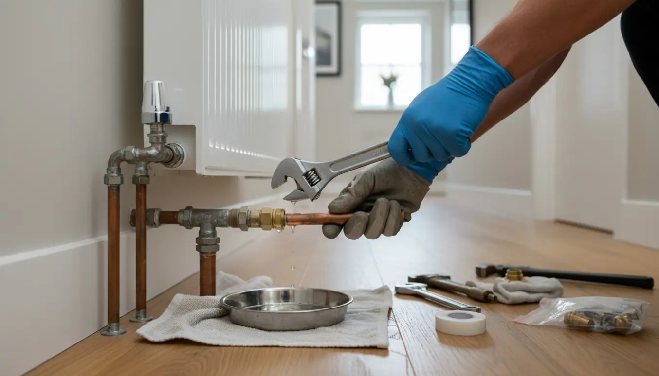 Nærbillede af håndværkerhænder, der afmonterer og blænder en radiator i en lys gang.