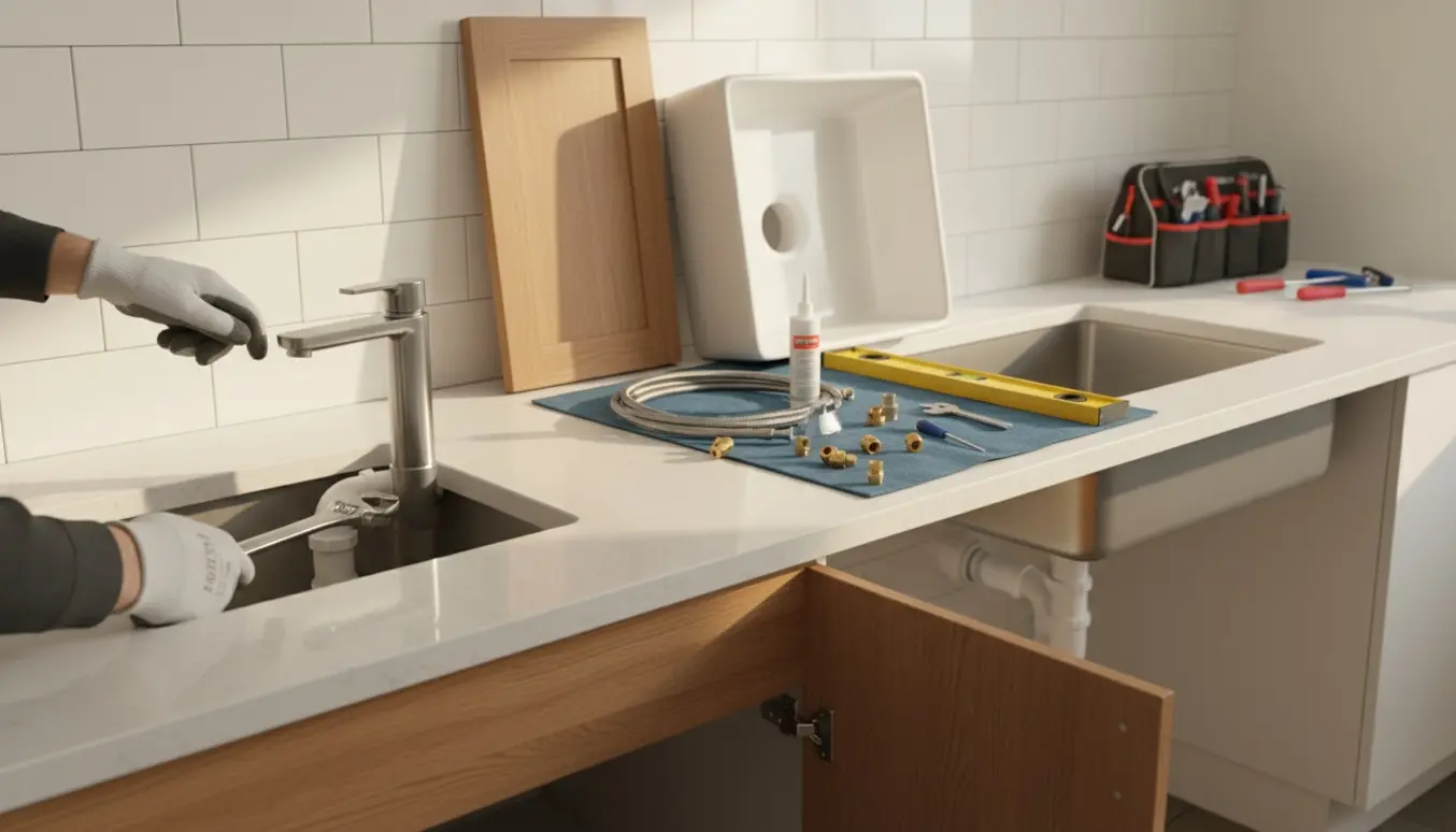 Nærbillede af installation af nye vaske og armaturer i badeværelse og køkken med værktøj og fittings klar.