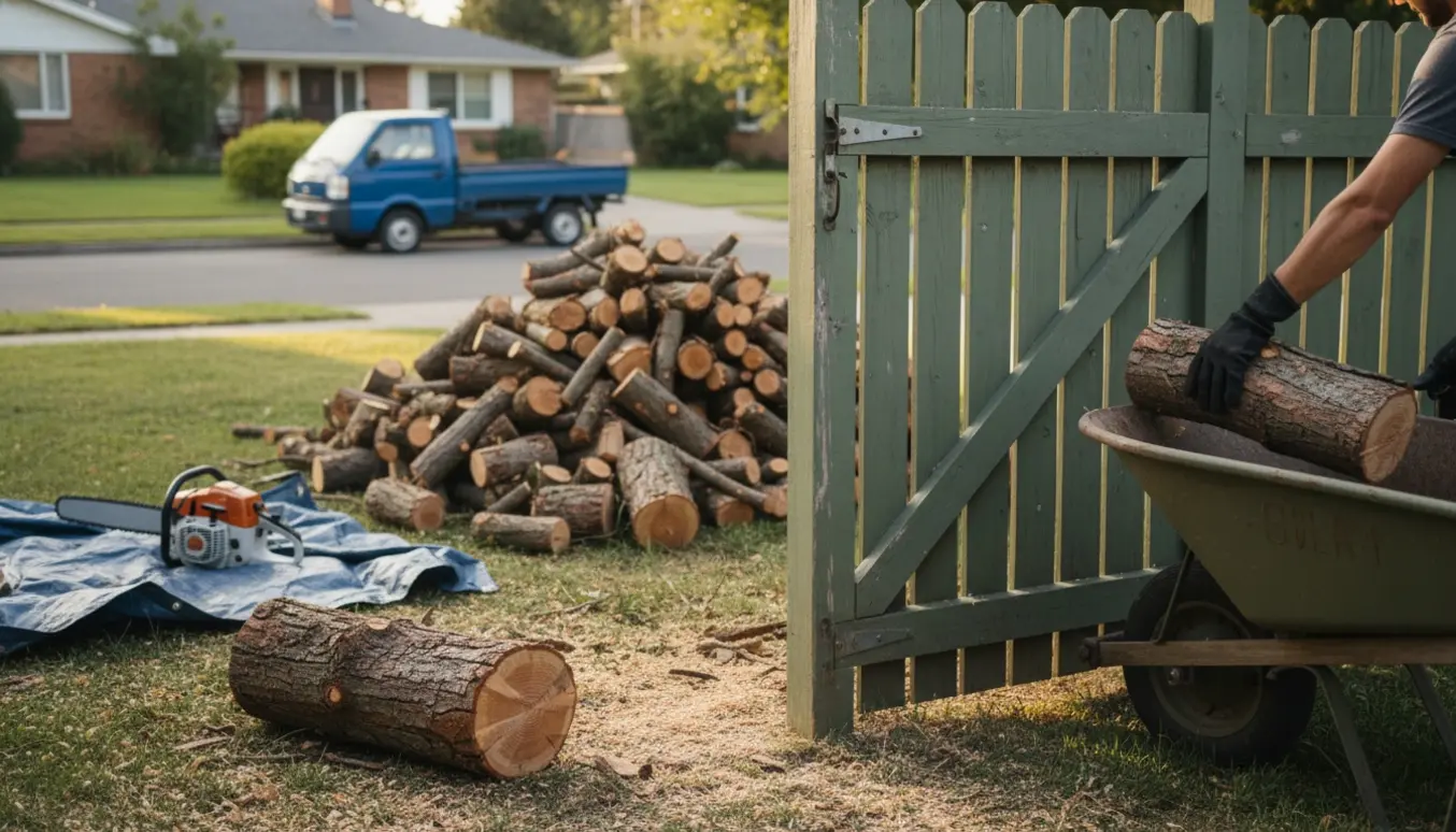 Opstablet opkløvet træ og grene ved en åben havelåge klar til afhentning.