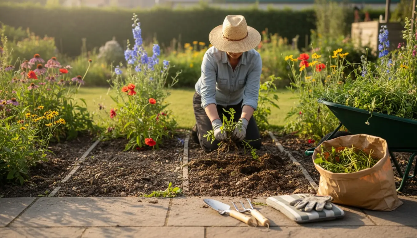 Hænder trækker ukrudt op af seks små blomsterbede med trillebør og pose til grønt affald.