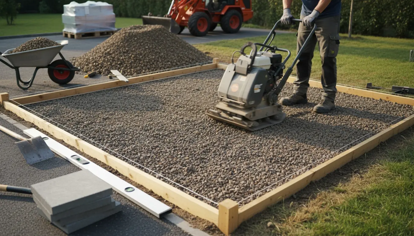 Udlægning og viberering af stabilt grus til terrasse med vibro-plade, rive og skovl ved indkørslen.