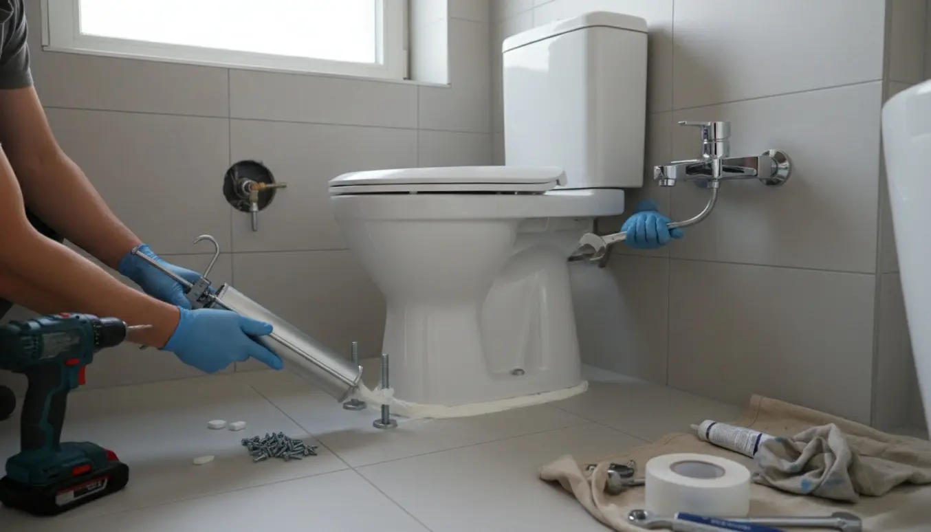 Installering af toilet og armatur i moderne badeværelse med værktøj og fugemasse.