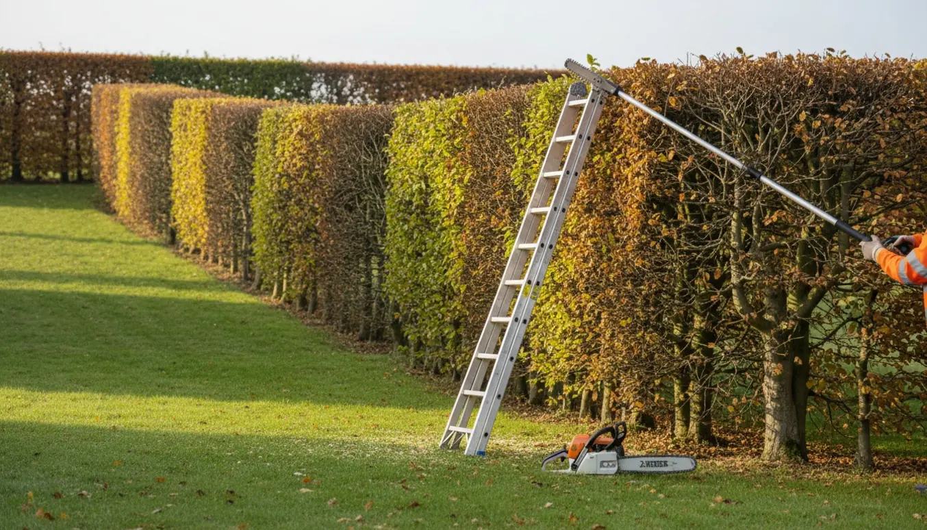 Lang bøgehæk på skrånende grund, klippet ned til 1,5 m med motorsav, stige og teleskopstang synlige.