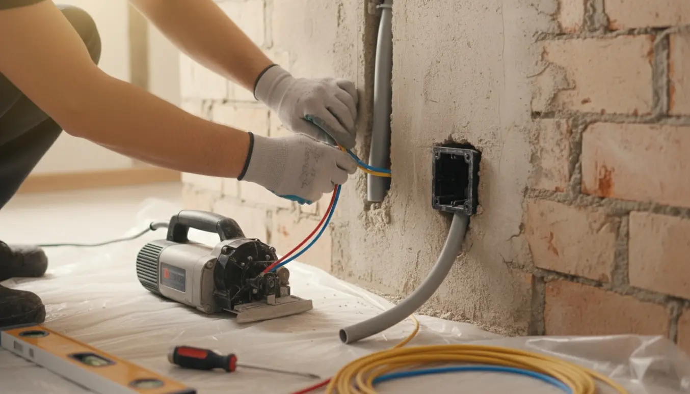 Nærbillede af elektriker, der fræser kabler ind i en betonvæg og forbereder til stikkontakt og rør.