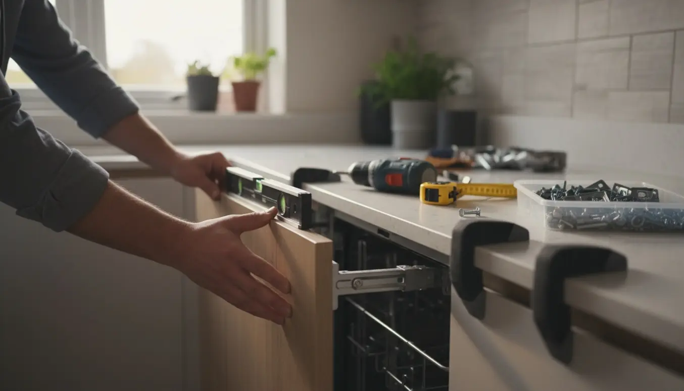 Hænder monterer en let Ikea-front på en smal integreret opvaskemaskine i et lyst, moderne køkken.