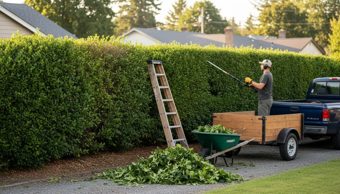 En havearbejder med ryggen til klipper en høj hæk i en parcelhushave, mens afklip ligger i en trailer klar til bortkørsel.