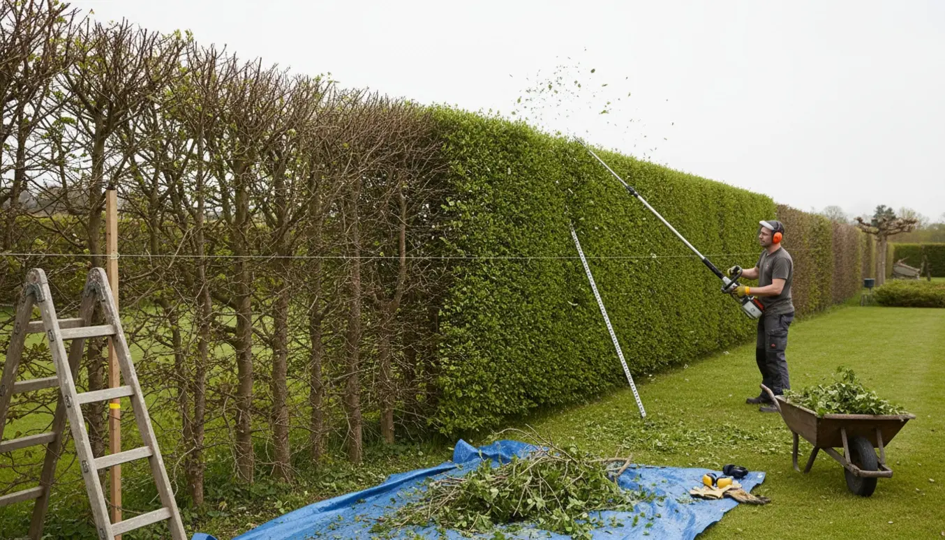 Lang hæk med person bagfra, der klipper toppen til en jævn højde med stanghækkeklipper og målesnor, trillebør med hækafklip ved siden af.