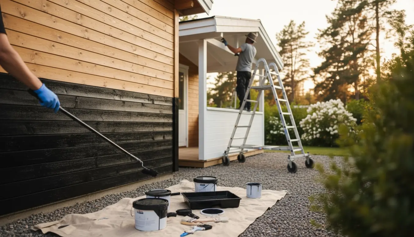 Udadvendig maling af anneks med sort træmaling på klinkfacade, stillads og person med ryggen til, der maler hvide stern og terrassehimmel.