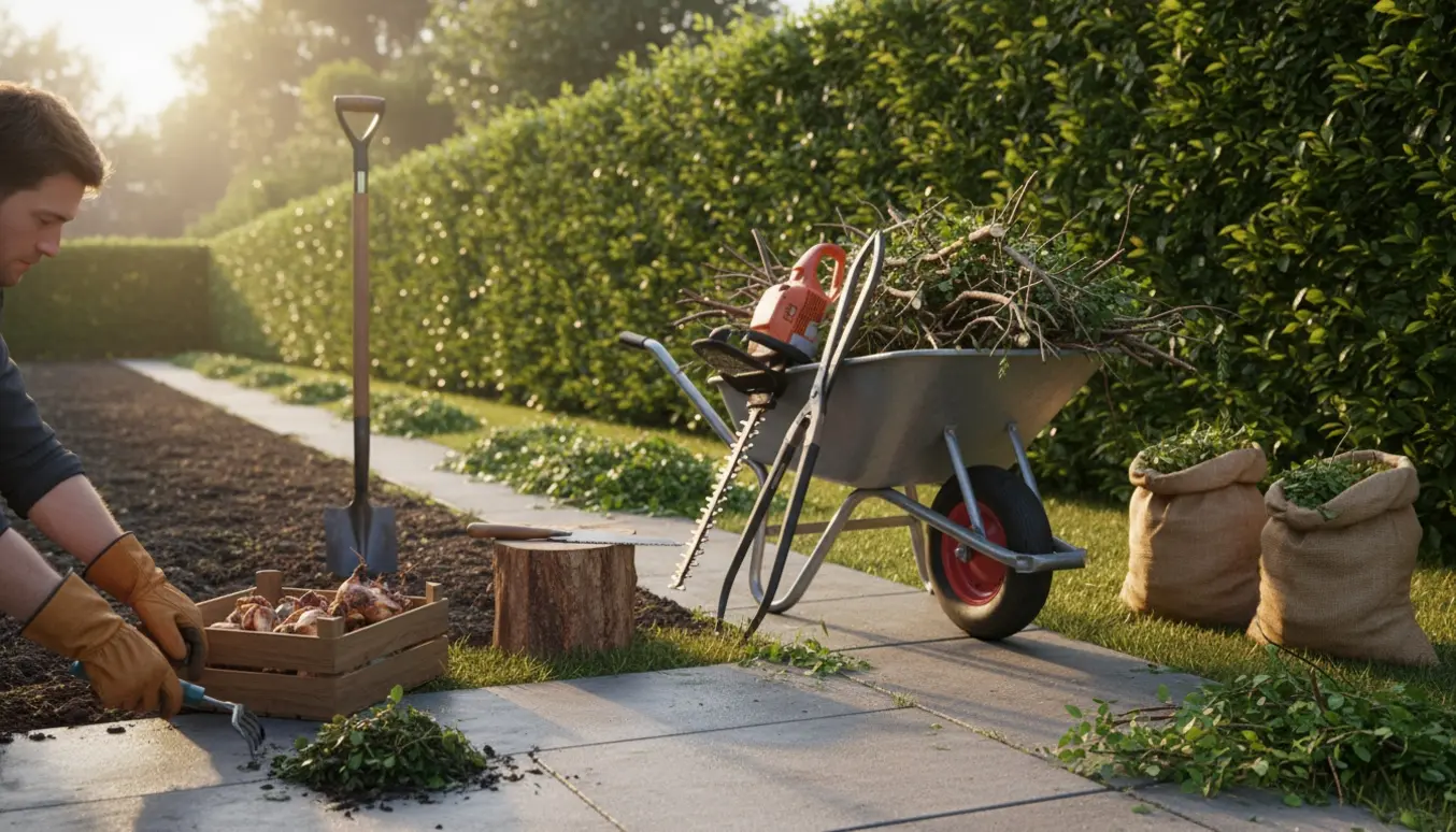 Frisk beskåret hæk med værktøj, bunker af grene og opgravede løg i en solrig have.