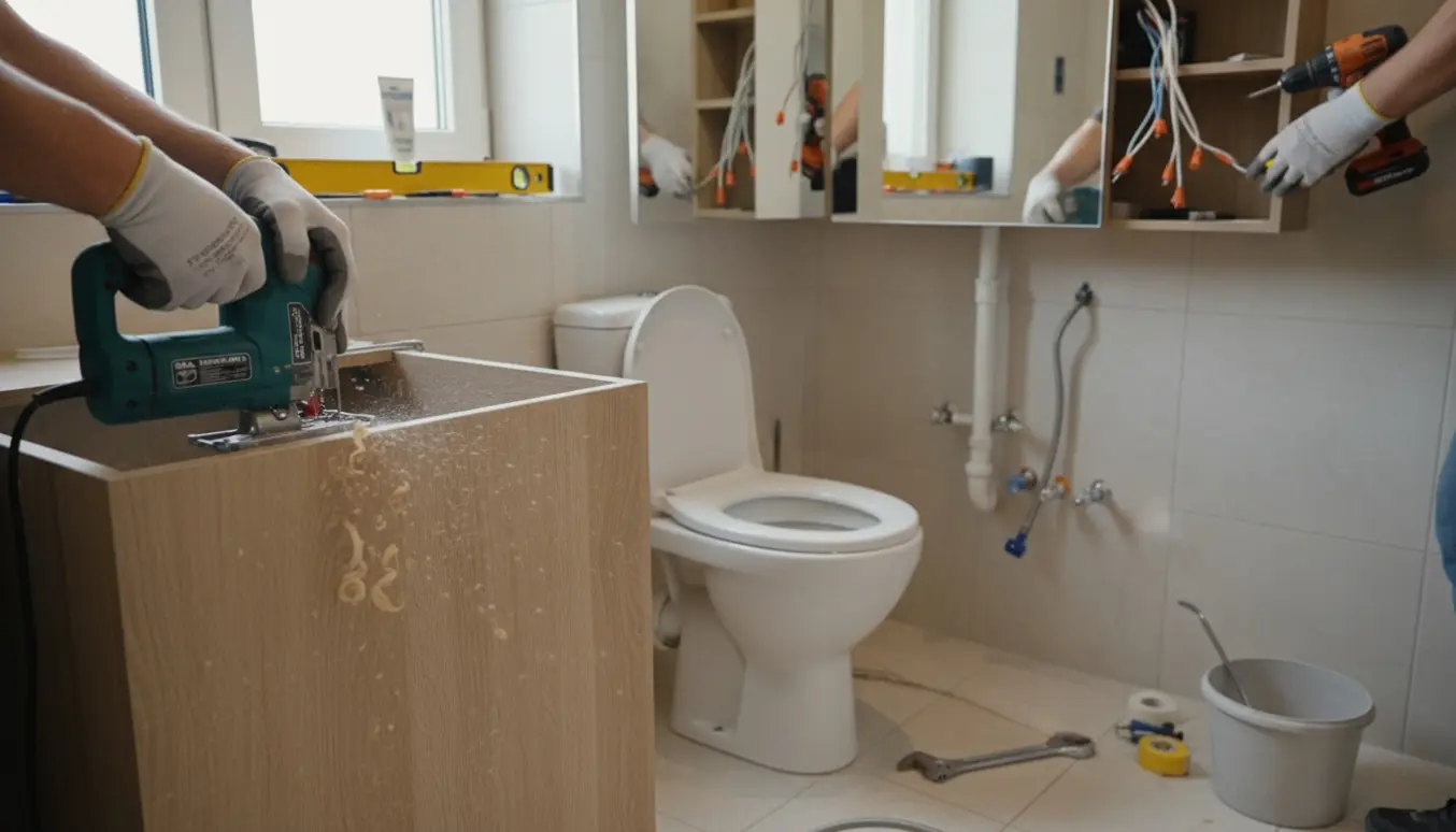 Hænder skærer et nyt vaskeskab til omkring rør, mens et nyt toilet og et spejlskab med åbne elledninger står klart i et badeværelse under renovering.