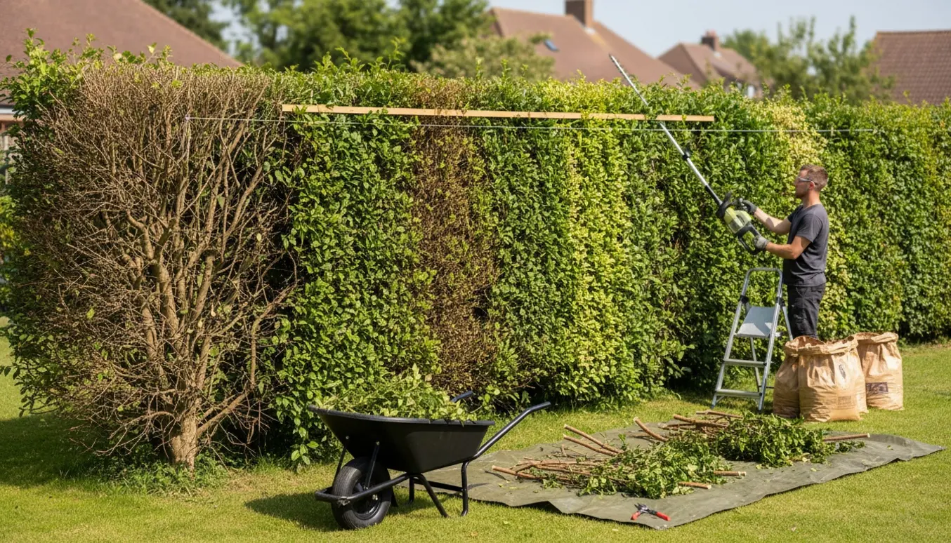 Lang ligusterhæk trimmes fra side og top ved et grønt område med hækkeklipper og en bunke afklip.