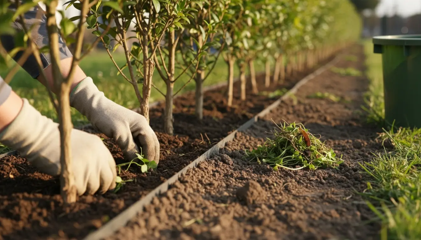 Nærbillede af hænder, der trækker ukrudt væk fra bunden af en lav hæk med en grøn haveaffaldsspand i baggrunden.