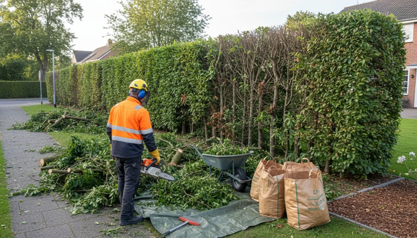 En person trimmer en lang hæk med motorsav, mens afklippede grene samles i en trillebør.