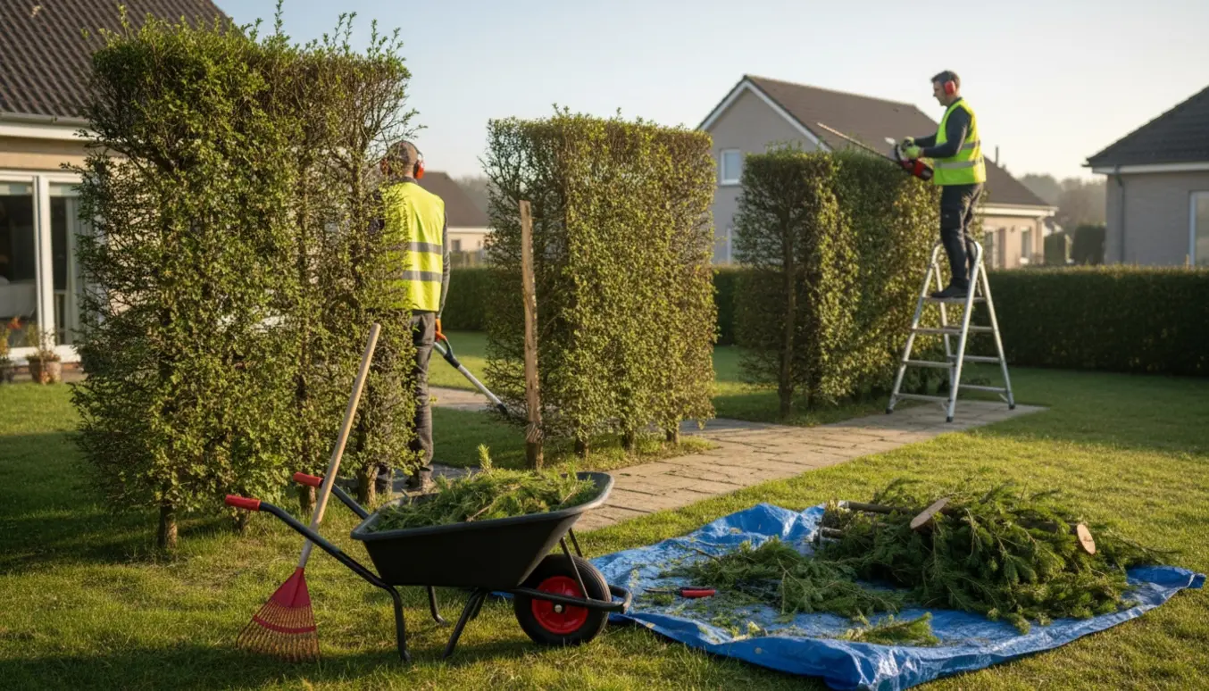 To personer klipper og samler afklip fra lærkehække i en villahave med trillebør og bunker af kviste.