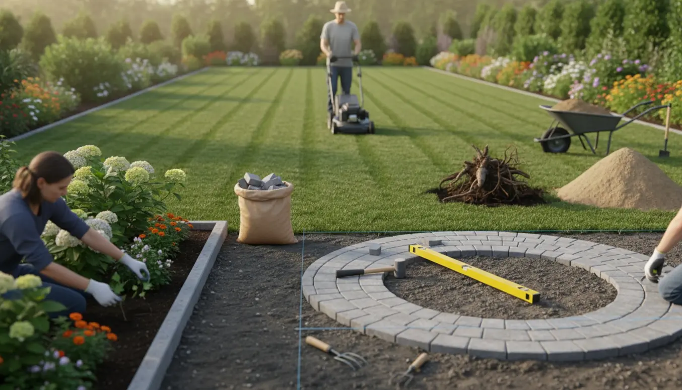 Oversigtsfoto af en have under pleje med græsslåning, fliselægning, omplantning af efeu og fjernelse af buske.