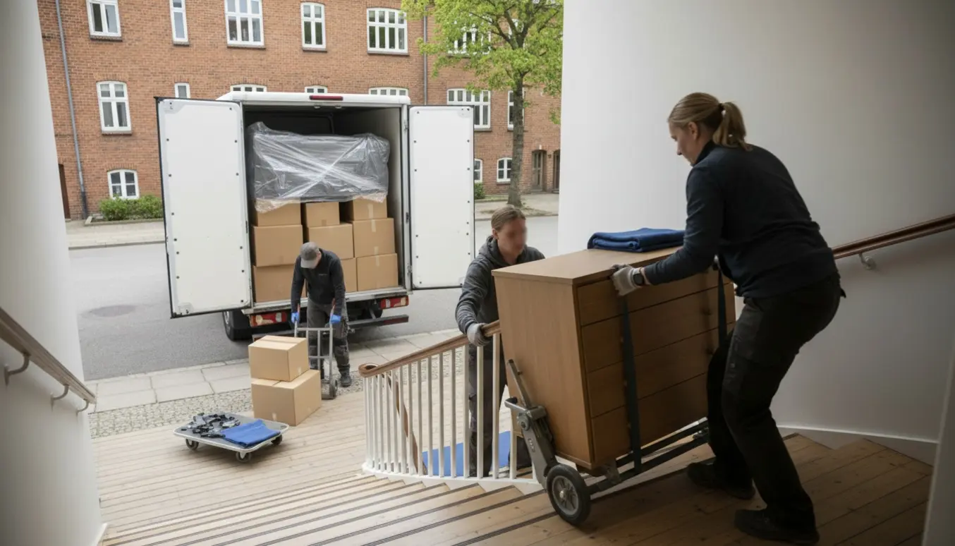 Familie bærer møbler og kasser fra en flyttevogn op ad trappen med sækkevogn og trappevogn.