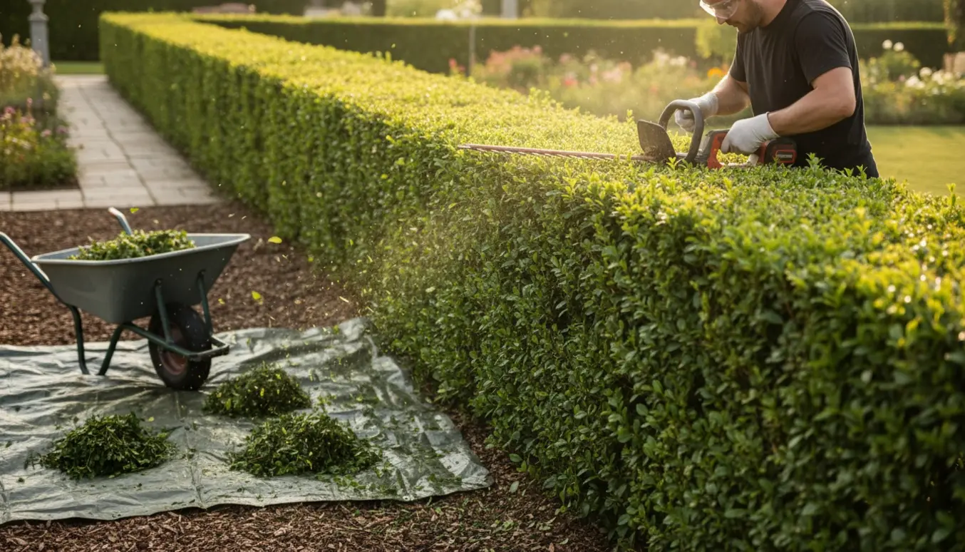 En person beskærer en ca. 50 m ligusterhæk med en hækkeklipper, hvor top og ene side er nyklippede.