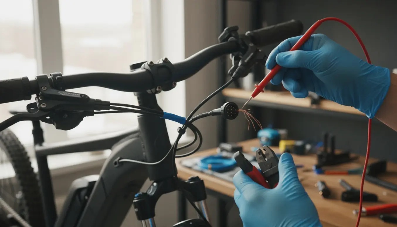 Nærbillede af elcykelstyr med eksponerede ledninger og hænder, der fejlsøger med værktøj.