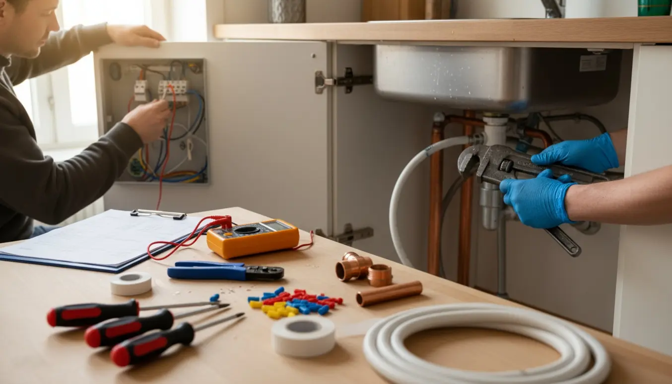 Hænder fra håndværkere udbedrer el-installationer og VVS under et køkkenskab med værktøj og rapporter i baggrunden.