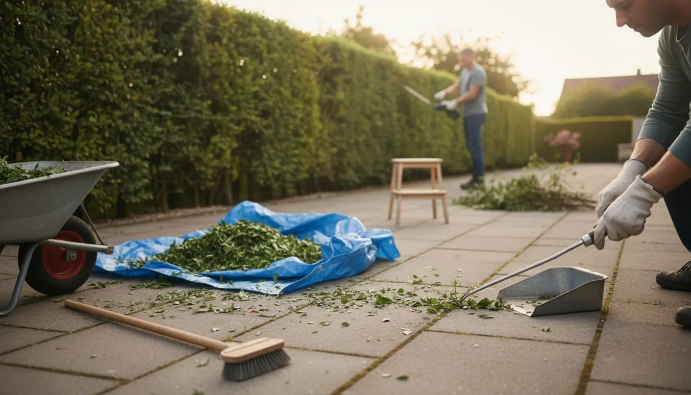 Minimal have uden græs med en person, der klipper hæk og fjerner ukrudt mellem fliserne.