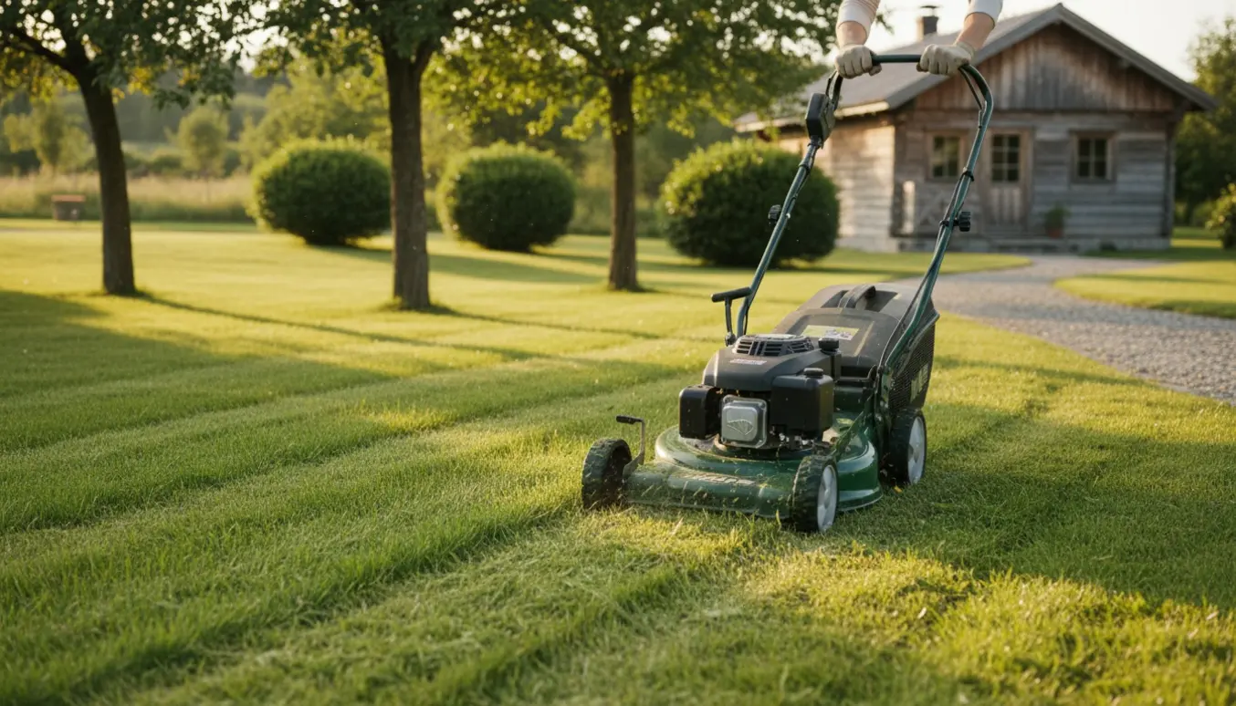 Græsslåmaskine i arbejde på en let skrånende sommerhusgrund med tre træer og fem buske.