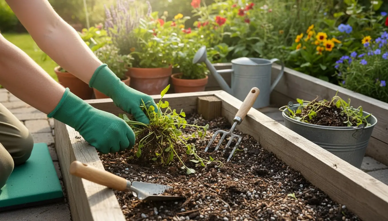 Hænder i haverhandsker luger ukrudt fra et blomsterbed med værktøj og spand i blødt morgonlys.