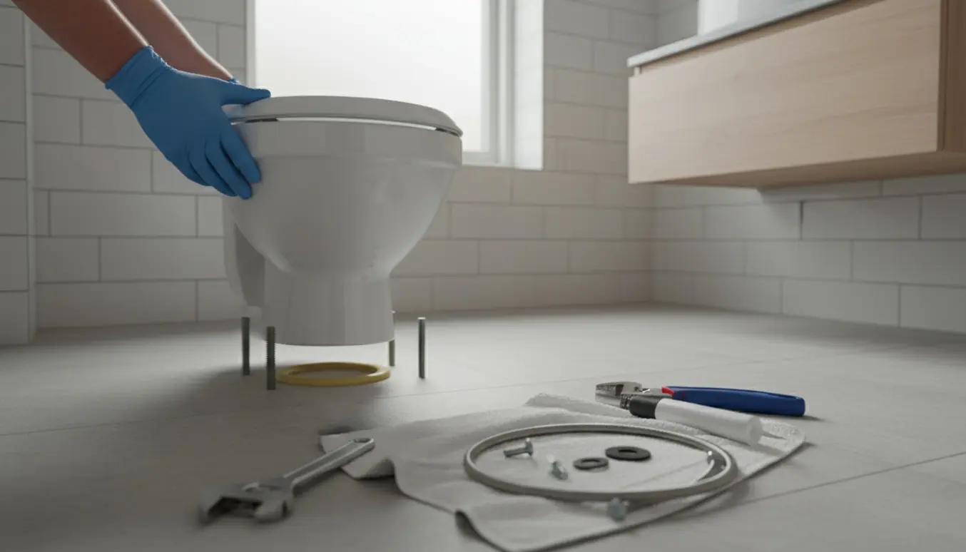 Nyt toiletskål monteres i et lyst badeværelse med værktøj lagt klar.