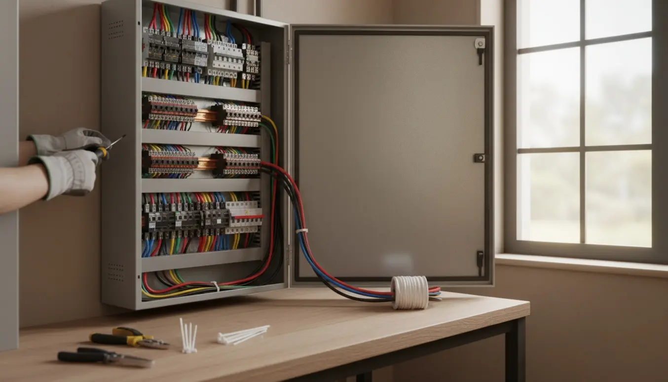 Åben eltavle med nye afbrydere og pænt organiserede ledninger, håndværker arbejder med isolerede værktøjer.