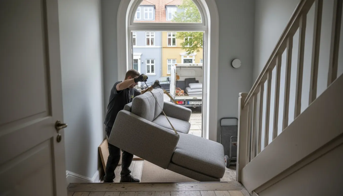 To flyttemænd bærer en lang sofa og en puf gennem opgangens dør mod en smal trappe, med flyttebil parkeret udenfor.