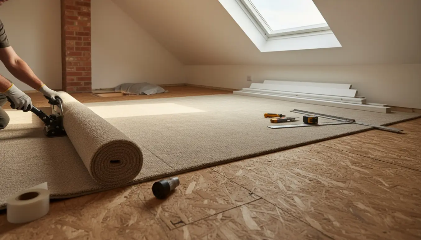 Loftværelse med nyt gulvtæppe delvist rullet ud på spånpladegulv, lister og værktøj klar til montering.