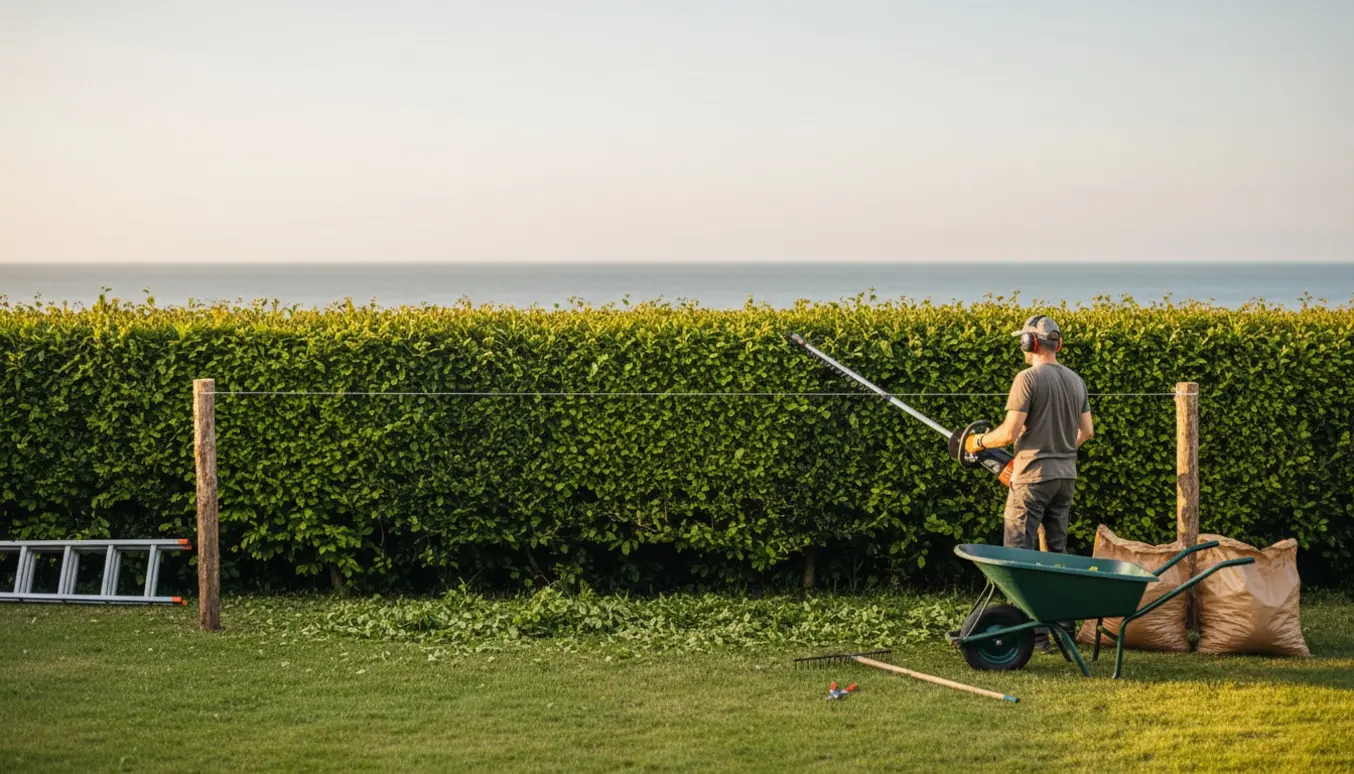 Bagfra ses en person, der trimmer en lang bøgehæk i bunden af haven med afklip samlet i en trillebør og hav i baggrunden.