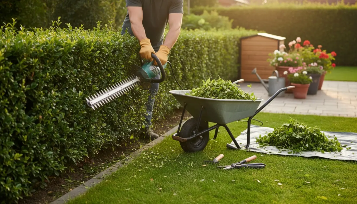Solbelyst have hvor hækkeklipning udføres med en hækkeklipper og afklip i en trillebør.