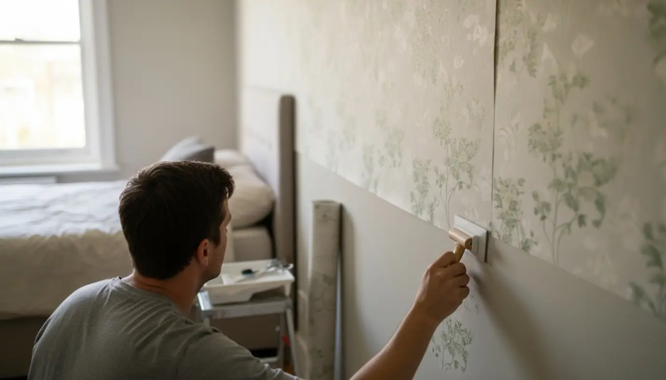 Opsætning af tapet på en glat endevæg i et soveværelse med to senge, fokus på hænder og værktøj.